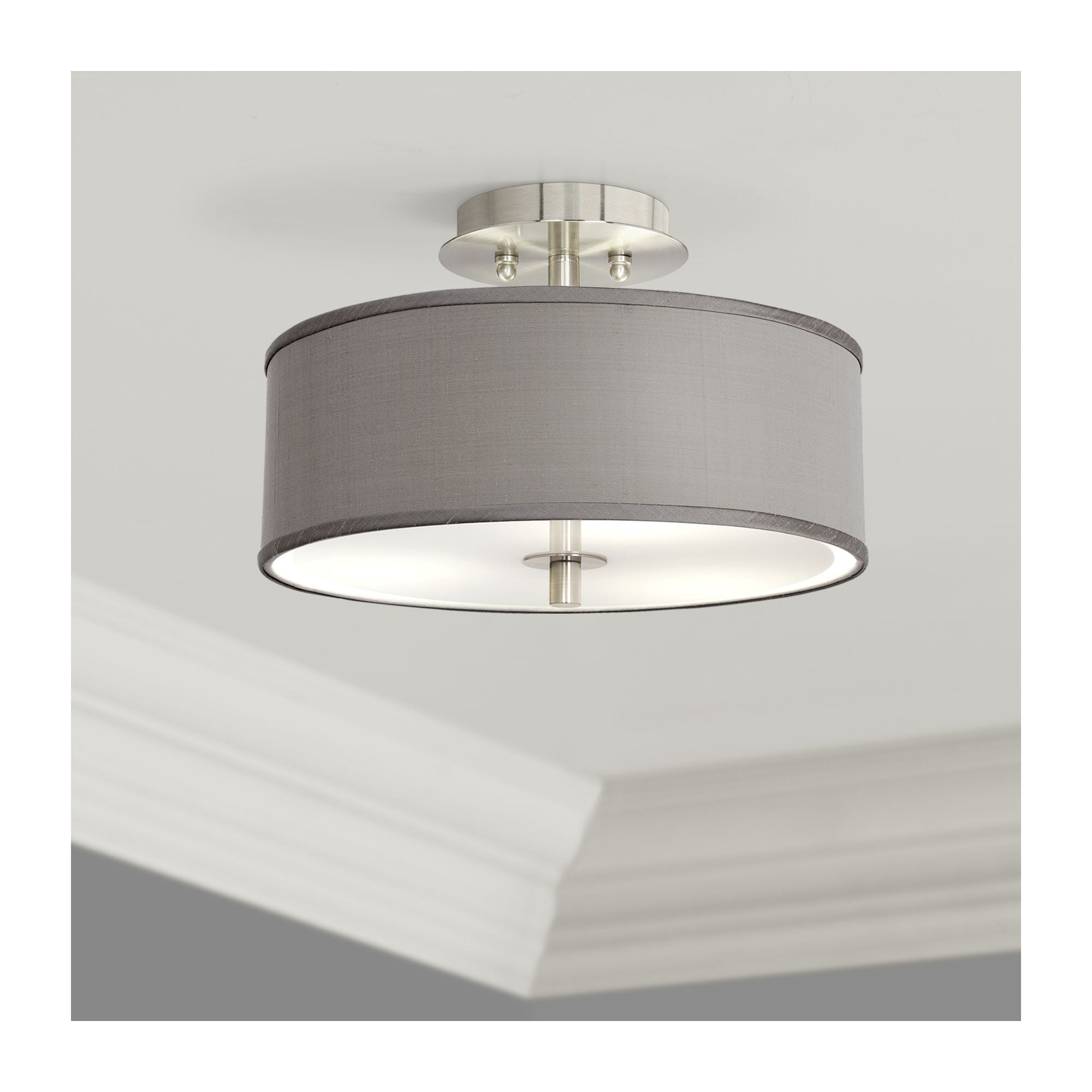 Light Grey Textured Woven Fabric Drum Lampshade with Brushed Silver Ceiling