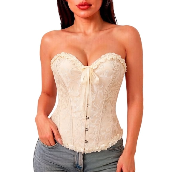 VISALY Overbust Corset Top Lace Up Sweetheart Ruffle Trim Bustier Top Overbust Bodysuit Vintage Renaissance Corset Boned Waist Cincher Shapewear Plus Size Waist Trainer Going Out Outfits Beige L