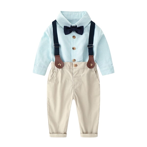 Zwiiyzr 2-12Y Baby Boy Clothes Suits 3Pcs Gentleman Striped Outfit Dress Shirt Suspender Pants Bow Tie Wedding Set Green
