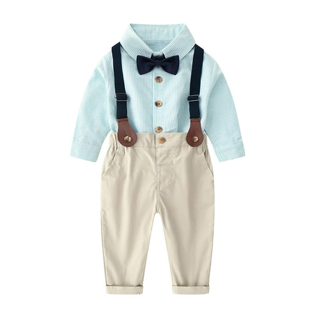 AherBiu Toddler Baby Boy Clothes Suit Striped Button down Shirts with Rompers Kids Gentleman Wedding Outfits