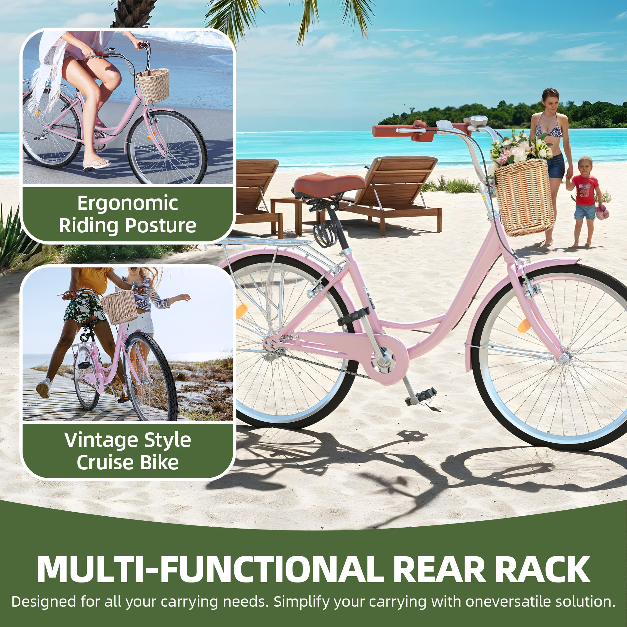 Uforic 26" Beach Cruiser Bike for Women, Adjustable Seat Single-Speed Commuter Bike Bicycle for Adults, Pink