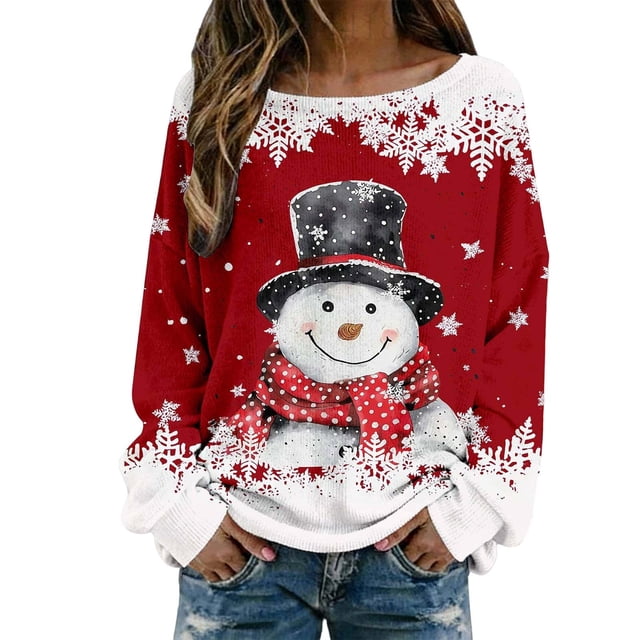 Mode Automne pour Femmes, Hauts Graphiques en Crochet avec Pulls Décontractés Imprimés de Noël