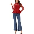 thumbnail image 2 of Blusa de malla transparente para mujer INSPIRE CHIC con cuello de solapa, abertura en forma de llave y peplum con volantes, talla XS, roja, 2 of 6