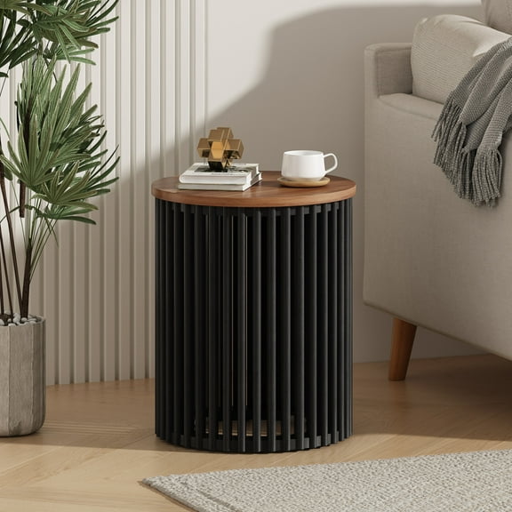 Acacia Solid Wood Side Table with Natural Black Finish for Living Room Bedroom Modern Minimalist Accent Table with Circular Top and Durable MDF Base