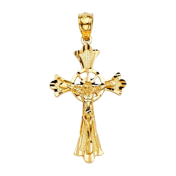 Wellingsale 14K Yellow Gold Polished Diamond Cut Ornate Religious Catholic Gothic Crucifix Pendant