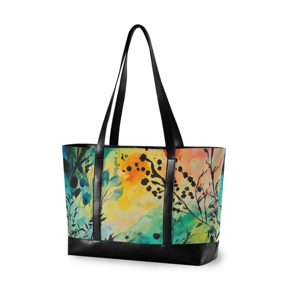 FORMRS Canvas Laptop Tote Bag for Women with 15.6" Computer Compartments Shoulder Handbag, Colorful Plants