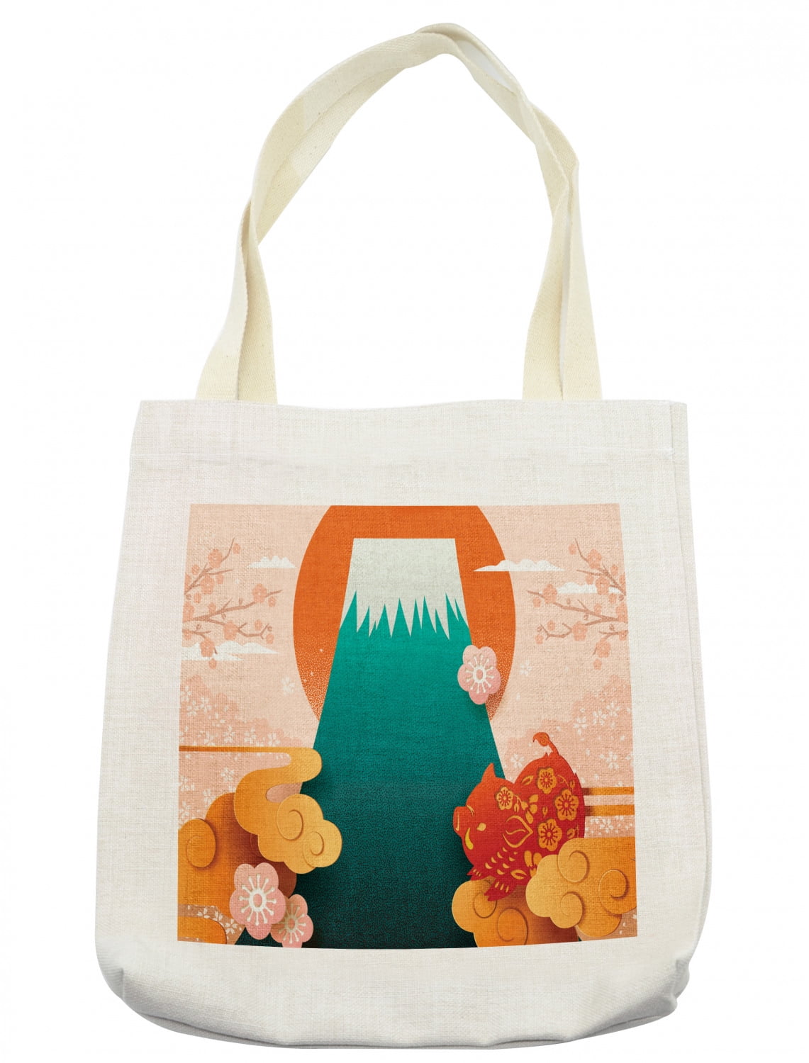 Japanese Tote Bag, Folkloric Graphic with Themed Doodle Clouds Mountain