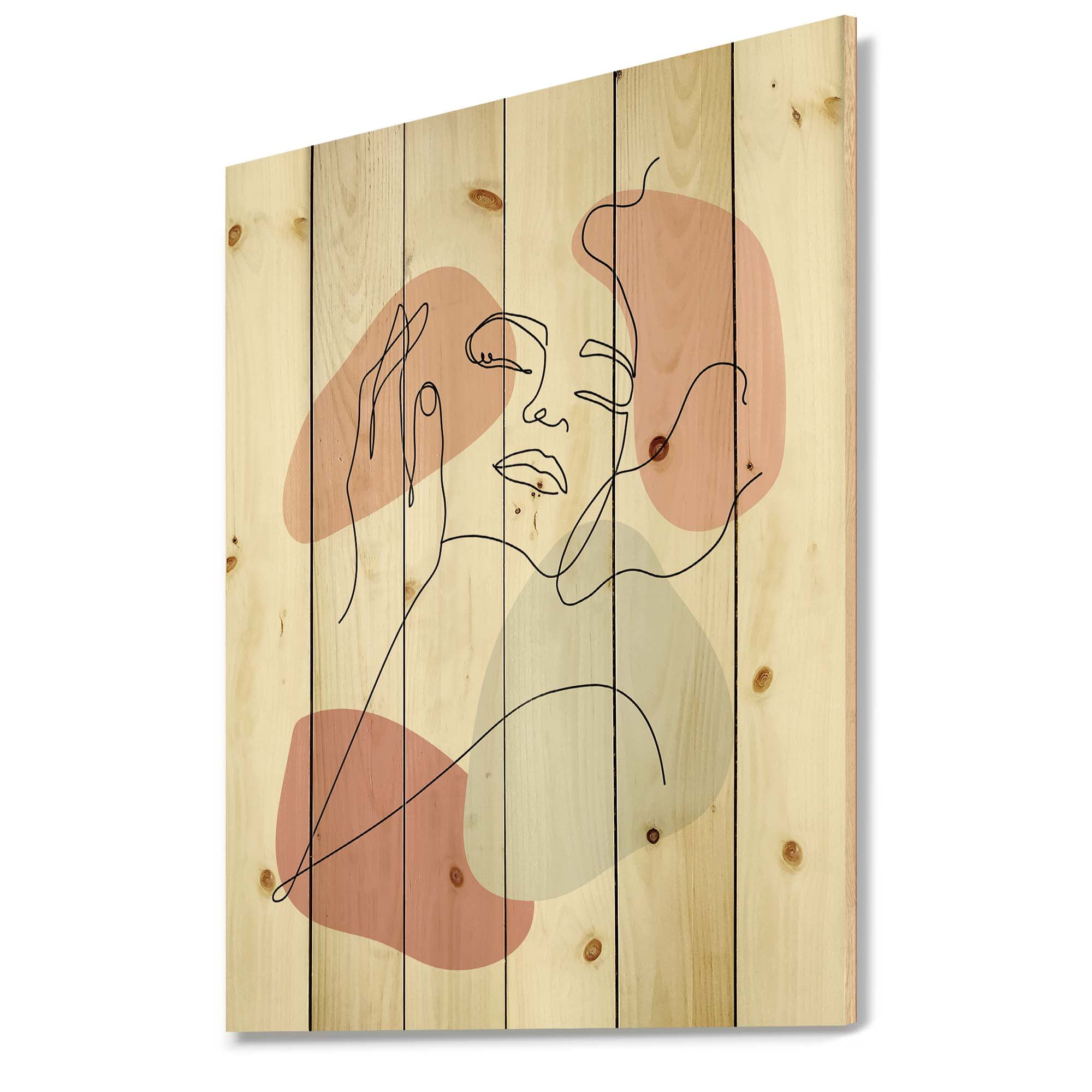 Designart 'Continuous One Line Portrait of Woman' Modern Print on Natural Pine Wood