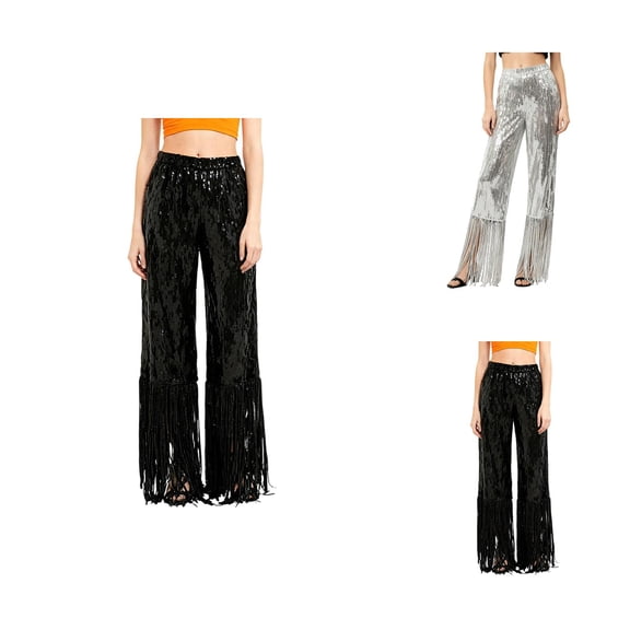 Sparkly Sequin Pants Women 2026 Trendy Elastic High Waist Straight Leg Tassel Fringe Pants Clubwear Dancewear