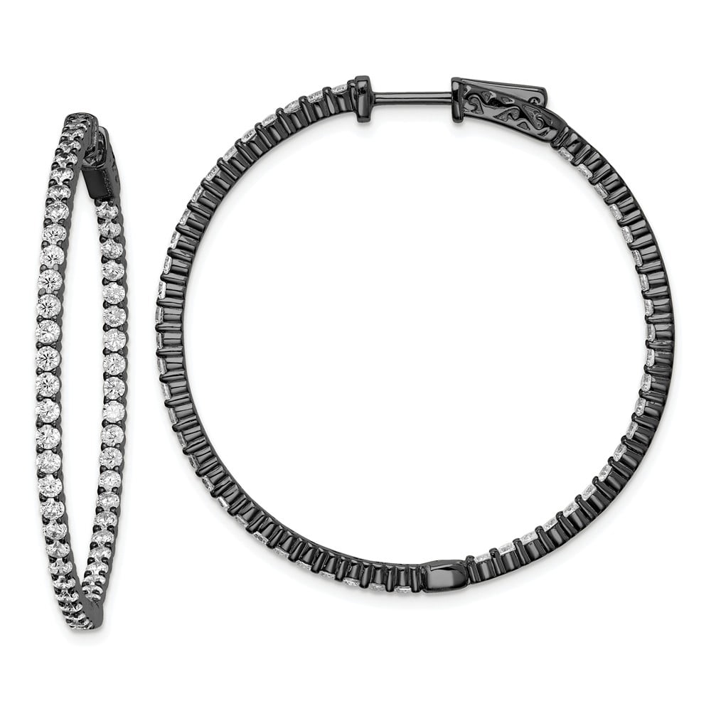 Beautiful Sterling Silver Ruthenium-plated In & Out CZ Round Hoop Earrings