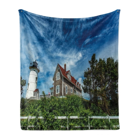 Massachusetts Soft Flannel Fleece Blanket, Cape Cod Landscape with Old Classic Architecture Themed Buildings USA Theme, Cozy Plush for Indoor and Outdoor Use, 70" x 90", Multicolor, by Ambesonne