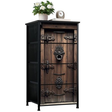 Farmhouse Dresser for Bedroom with 4 Storage Drawers Door Wooden Heavy Wooden Door Iron Hinges Metal Ring Handle Decorative Dressers Chest of Drawers Fabric Closet Organizers for Entryway