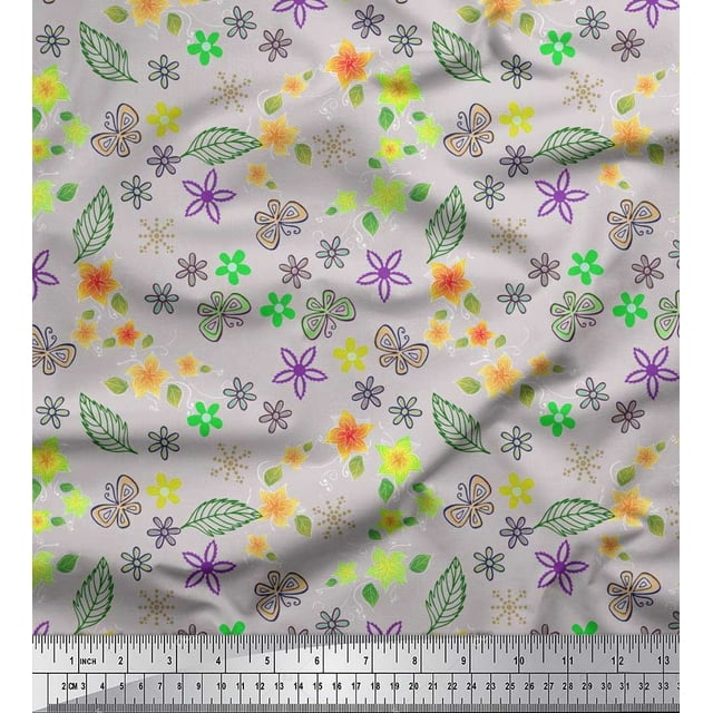 Soimoi Gray Velvet Fabric Leaves,Insect & Floral Artistic Print Sewing Fabric BTY 58 Inch Wide