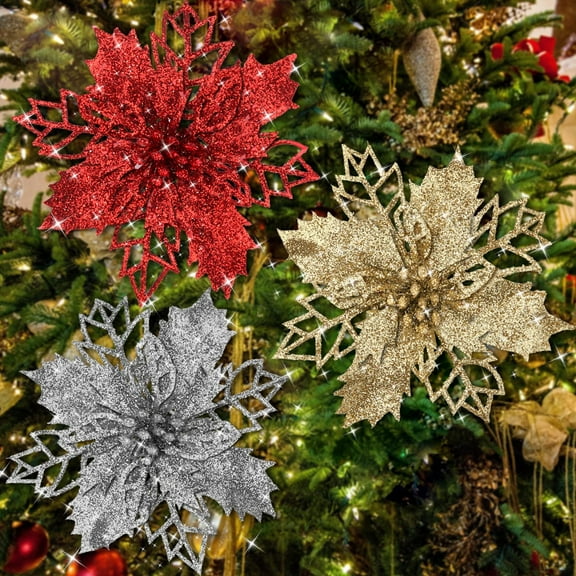 HAOSHICS 25 Pcs Poinsettias Artificial Christmas Flowers Decorations,Glitter Poinsettia Flowers for Wedding Home Christmas Tree Ornaments with Clips(Red)