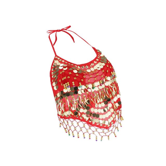 Langgg Belly Dance Costumes Bra Halter Top Sequin Performance Outfits Red