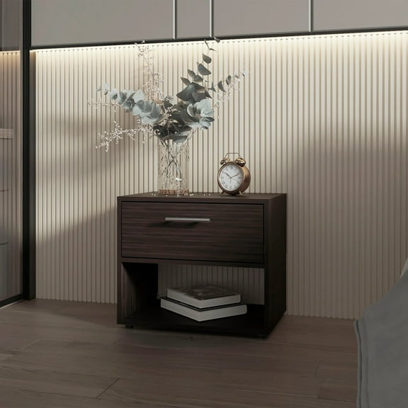 Warm Walnut Nightstand with Spacious Shelf and Drawer Elegance for Your Bedroom
