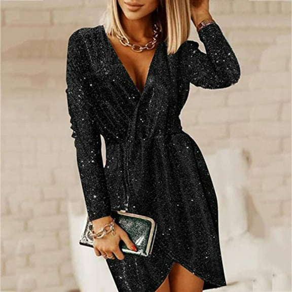 BLTIBY Womens Sequin Evening Dress Hip Wrap V-Neck Ruched Waist Long Sleeve Glitter Cocktail Party Slim Formal Gown with High Split Black M