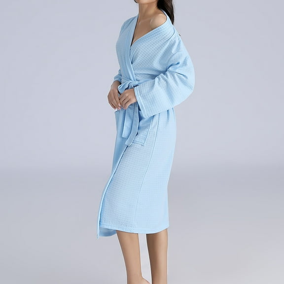 QUNYINEY Long Women's Robe Solid Waffle Blue Bathrobe Sleepwear with Pocket Long Sleeve V Neck Heavyweight Belt Loungewear