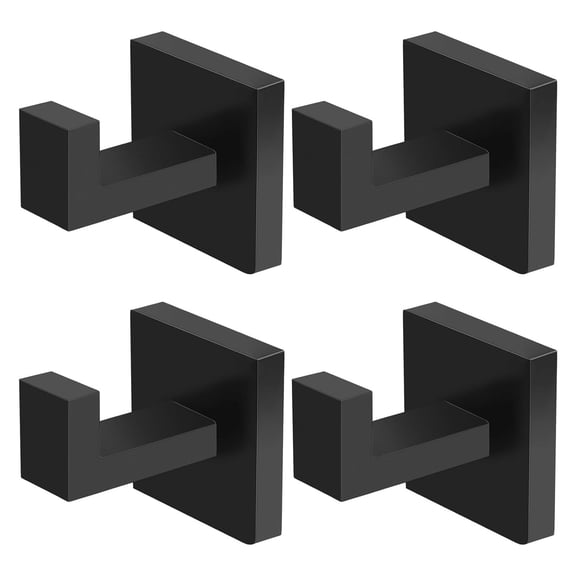 4 Pack Towel Hooks Hand Towel Holder for Bathroom Wall Livingroom Bedroom Kitchen Closet Heavy Duty Stainless Steel Hook Hanger for Robe, Bath Towel, Coat (Square Matte Black)