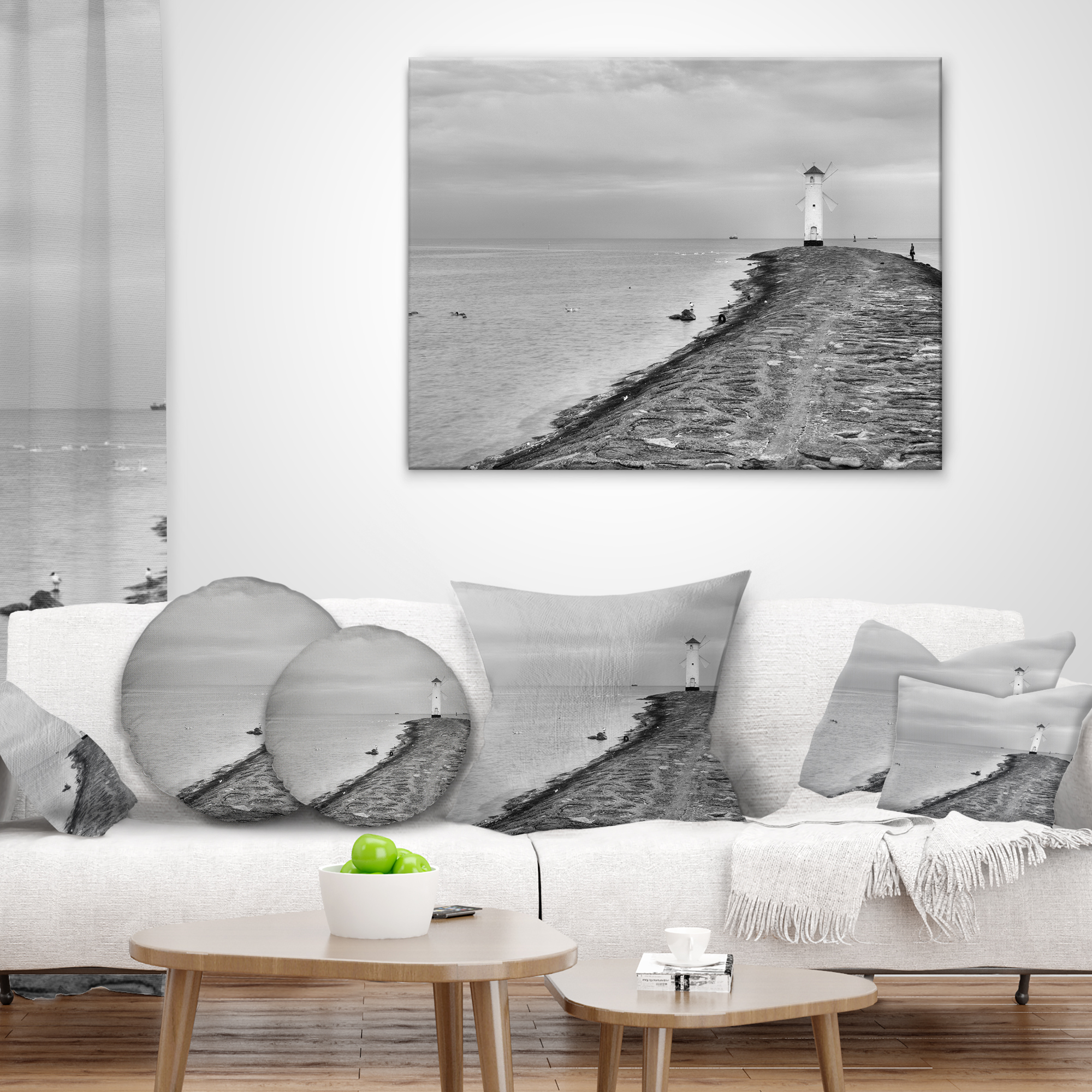 Designart Lighthouse Windmill Stawa Mlyny in Grey - Seascape Throw Pillow - 18x18