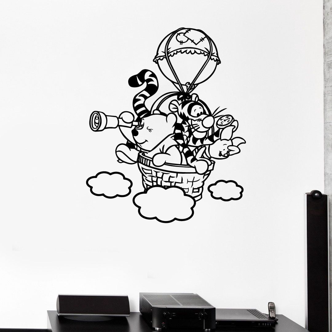 Winnie The Pooh Pooh Bear Pooh And Tigger Hot Air Balloon Silhouette Vinyl Sticker Wall Art Decoration Decal For Kids Baby Girl Baby Boy Room Home Room Wall Sticker Decorations Size (40x40 inch)