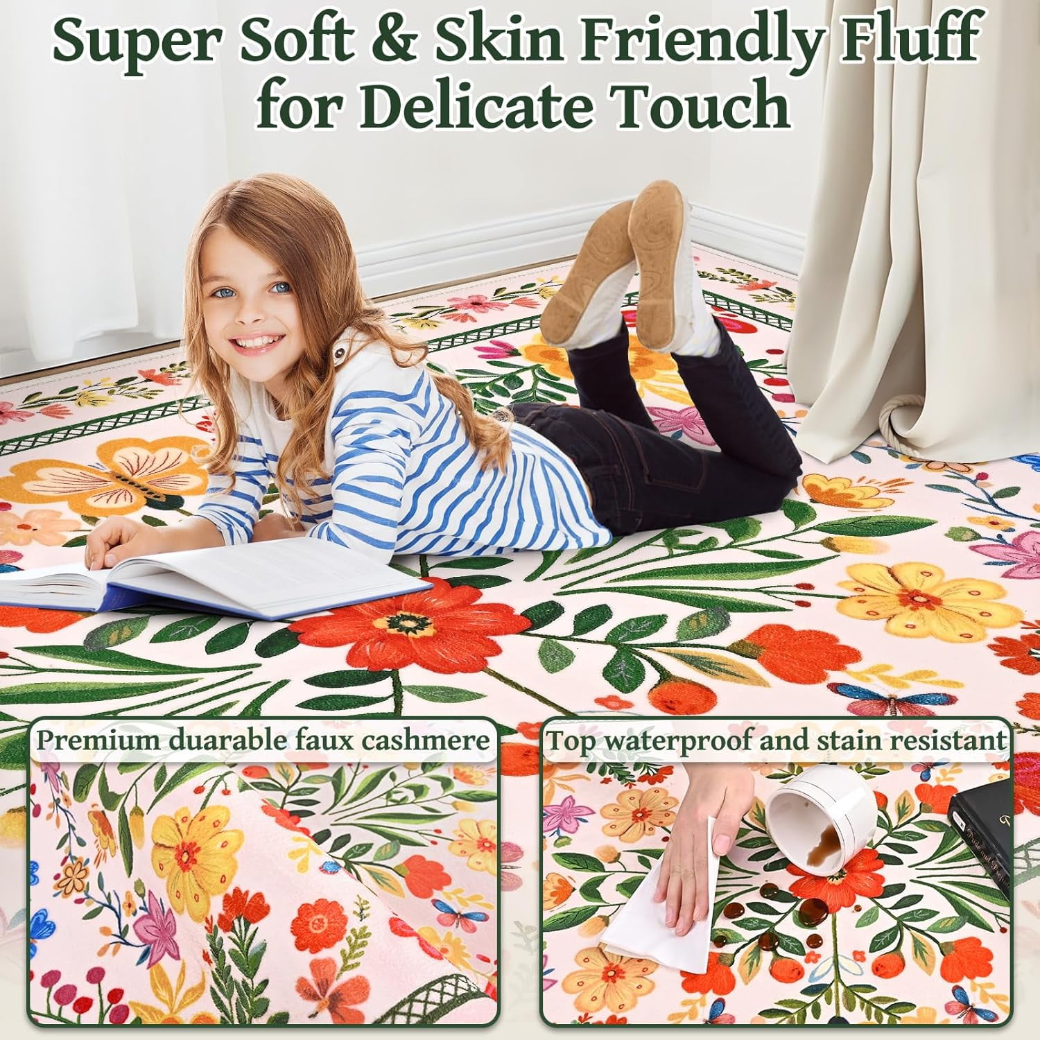 Bleum Cade 8'x10' Area Rugs for Living Room, Washable Rugs Modern Rugs for Bedroom Dinning Room,Boho Floral Rug Ultra Soft Non Slip Durable Large Carpet Home Decor,Beige