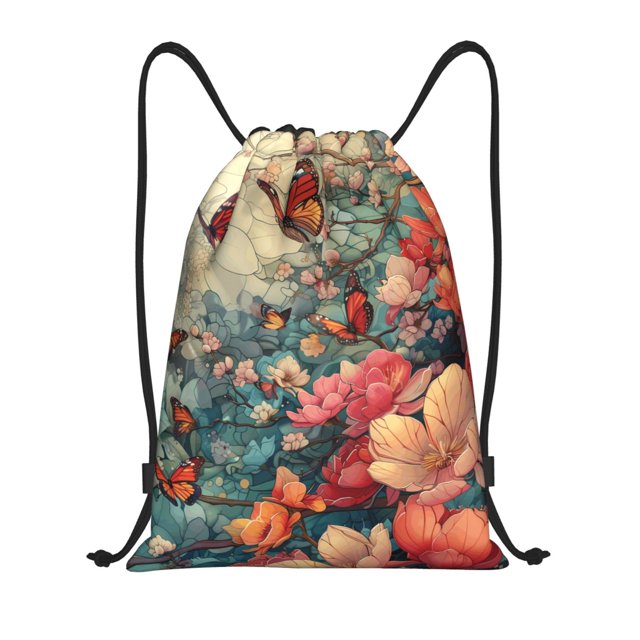 Xecao Butterflies In Blooming Garden Pattern Sports Drawstring Backpack - String Swim Gym Bag with Wet Proof Pocket for Women&Men-Medium