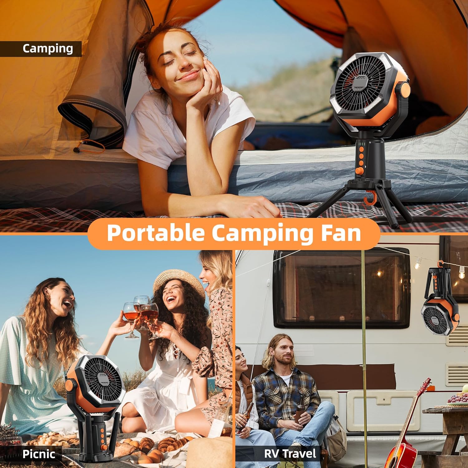 Table Fans Tripod, 20000mAh Rechargeable Battery Operated Portable Tent Fan with LED Lantern, Remote Control, Hook, 270° Pivot, Stepless Speed-Ideal for Camping, Picnic, Barbecue, Jobsite