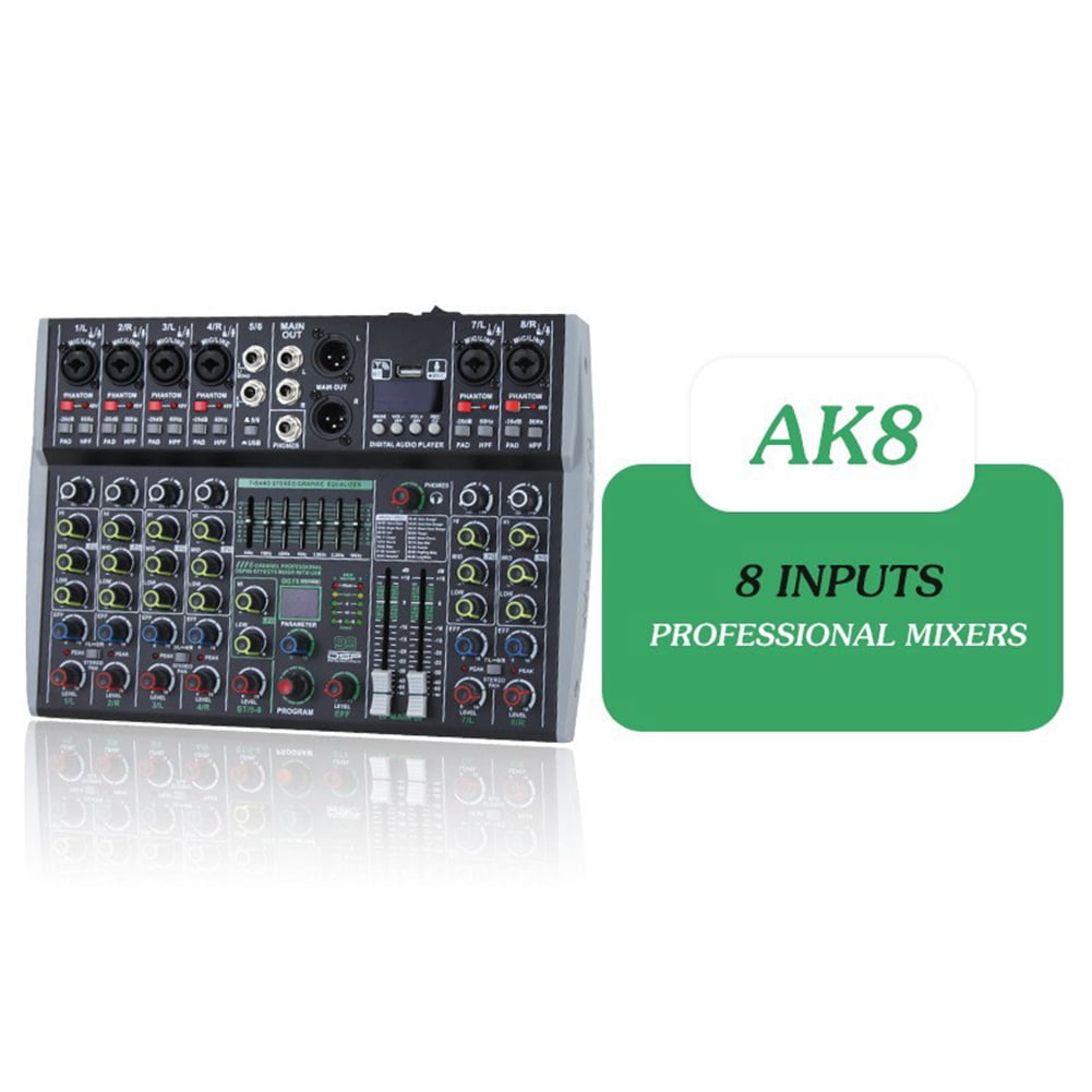 Professional 8 Channel Audio Mixer Built-in 99DSP 7-Segment Balanced Effect Bluetooth Live Recording XLR Mixer US Plug