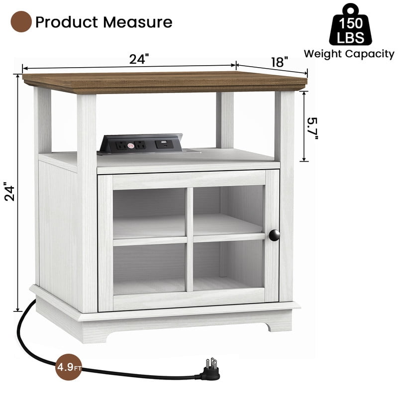 Plamle 24 Inch End Table with Charging Station, Nightstand with USB Ports & Outlets, Storage Side Table with Adjustable Shelf & Glass Door for Bedroom Living Room, Wood Finish