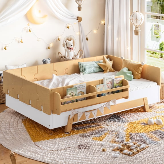 Mintazer Twin Size Montessori Floor Bed Frame, Kids Puzzle Block Design Platform Bed with Guardrails & Bookshelf for Bedroom, Natural & Beige