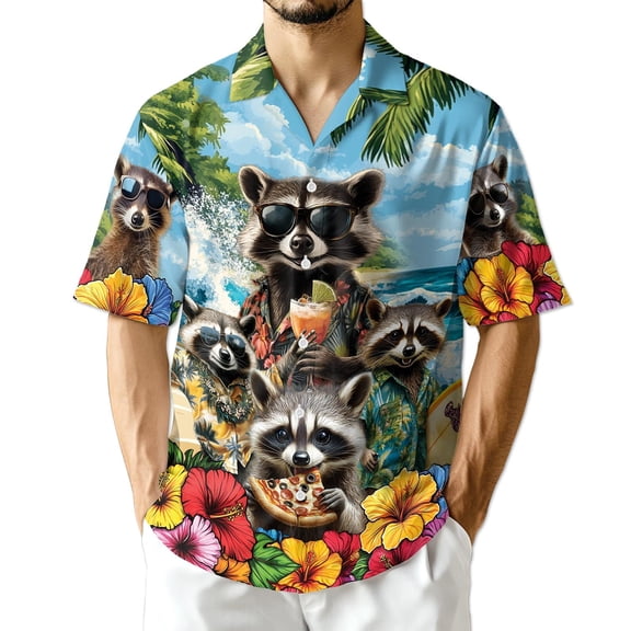 Netecom Funny Raccoon Hawaiian Shirt for Men, Button Down Summer Beach Short Sleeve, Tropical Style, Sizes S-5XL