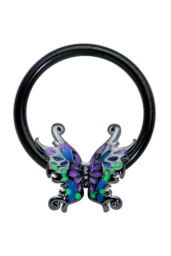 Womens 16G Black PVD Steel Fairy Wings Captive Nipple Horseshoe Nose Cartilage BCR Captive Ring 3/8