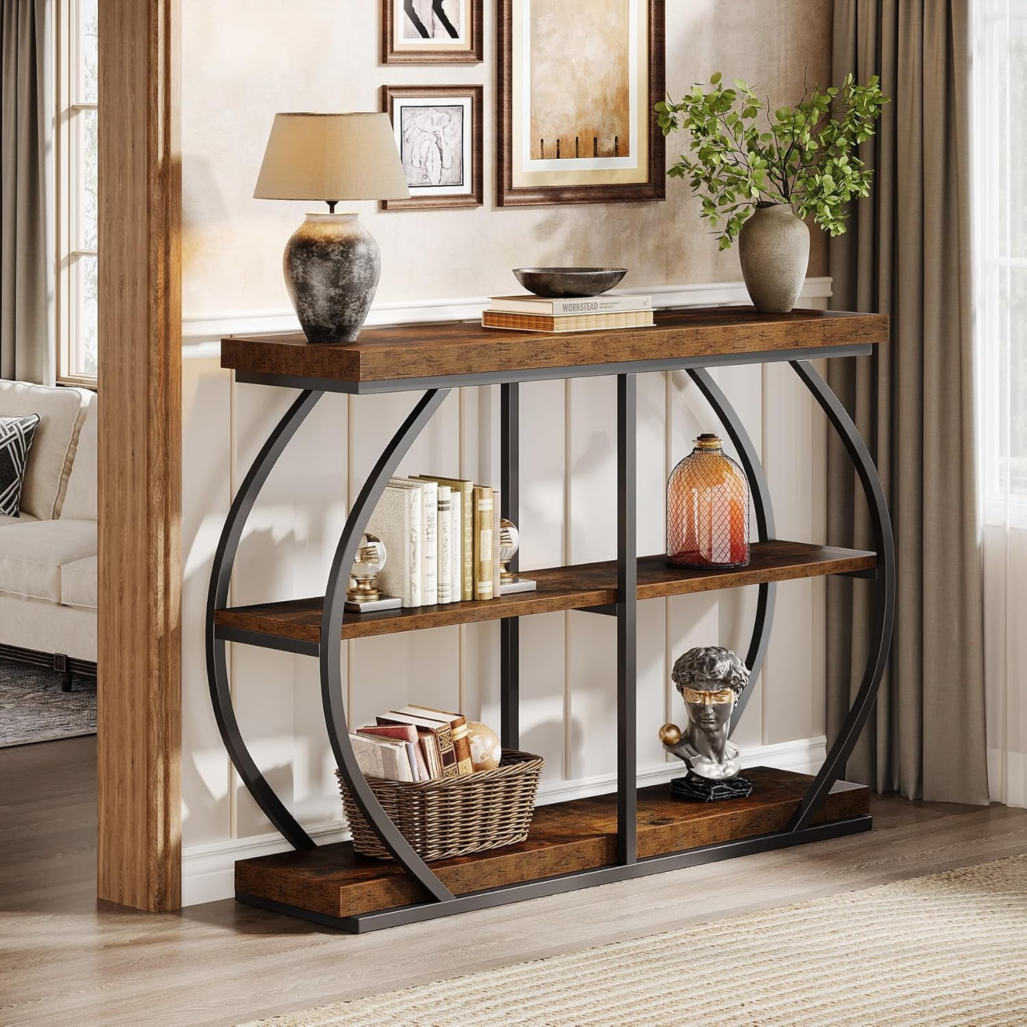 Tribesigns 41.3" Industrial Console Table: 3-Tier, Arched Metal Frame, Entryway Table with Storage Shelves, Rustic Brown & Black