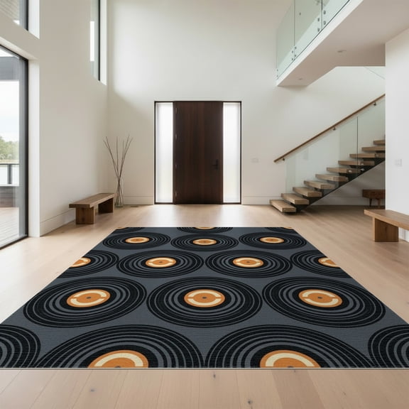 Design&I 8'x10' Washable Area Rug Circle Music Retro Turntable Motif Round Nostalgic Groove Vinyl for King Size Bedroom, Under Bed, Sleek Flatweave Pet Friendly