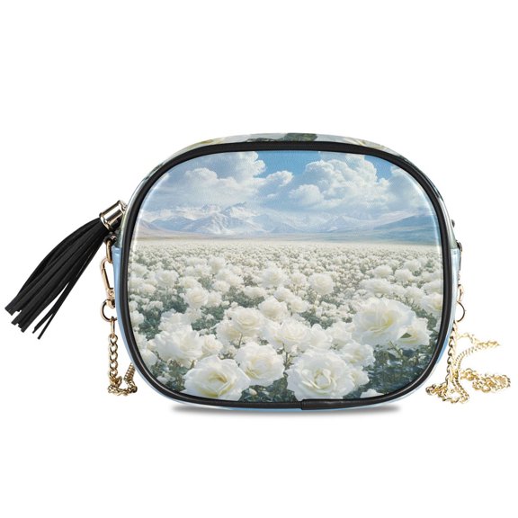 Womens Casual Chain Shoulder Bag Simple style White Roses and Mountains Landscape Crossbody Bag