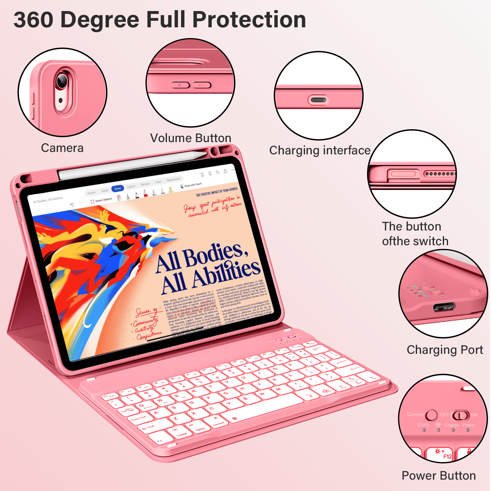Kenke Keyboard Case for iPad Air 11-inch M3/M2 (2025/2024), iPad Air 5th/4th Generation (2022/2020) - with Pencil Holder,7 Colors Backlit Keyboard,Wireless Detachable Keyboard Cover,(Pink Red)