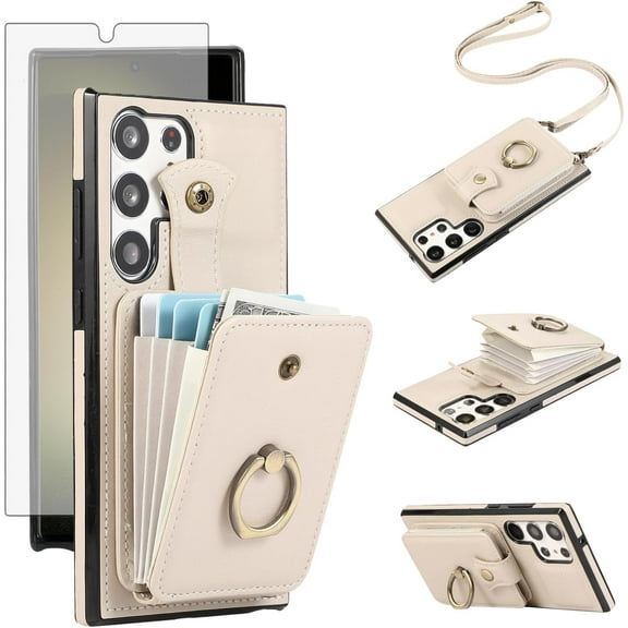 REQO Phone Case for Samsung Galaxy S24 Ultra 5G Wallet Cell Cover with Screen Protector and Crossbody Strap Ring Stand RFID Credit Card Holder Kickstand S24Ultra 24S S 24 24Ultra Women Girls Beige