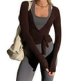 thumbnail image 5 of HAJWOH Women Ballet Wrap Top Long Sleeve Self Tie Dance Shirt Pilates Yoga Tops Y2k Workout Active Blouses Coffee M, 5 of 5