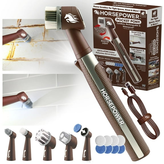 Horsepower Pocket Pony, AS SEEN ON TV, Waterproof, Cordless, Pocket-Sized, Oscillating Power Scrubber, Deep Clean, Tight Spaces, Rechargeable, Grout Lines, Corners & Detailing, 5 Brush Heads & LED