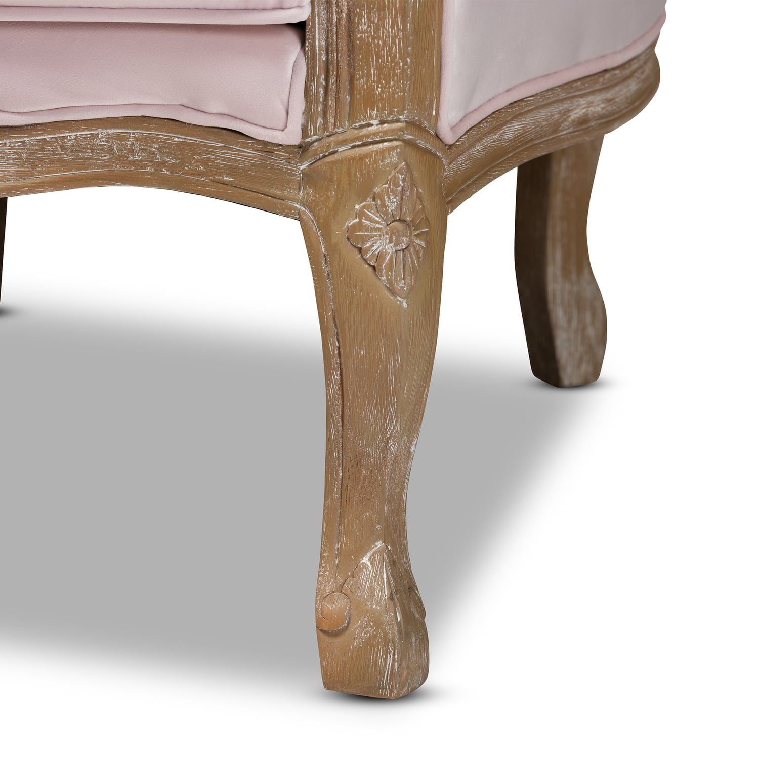 Baxton Studio Genevieve Traditional French Provincial Light Pink Velvet Upholstered White-Washed Oak Wood Armchair