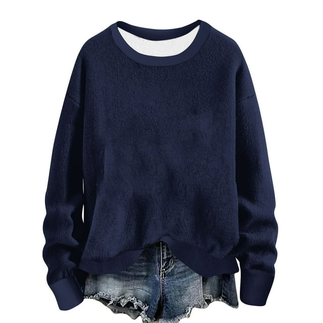lcziwo Chandails à Col Rond pour Femmes Automne Hiver 2024 Décontracté Uni à Manches Longues Hauts Chandail Ample Sans Capuche Chandail Haut Bleu Marine,G