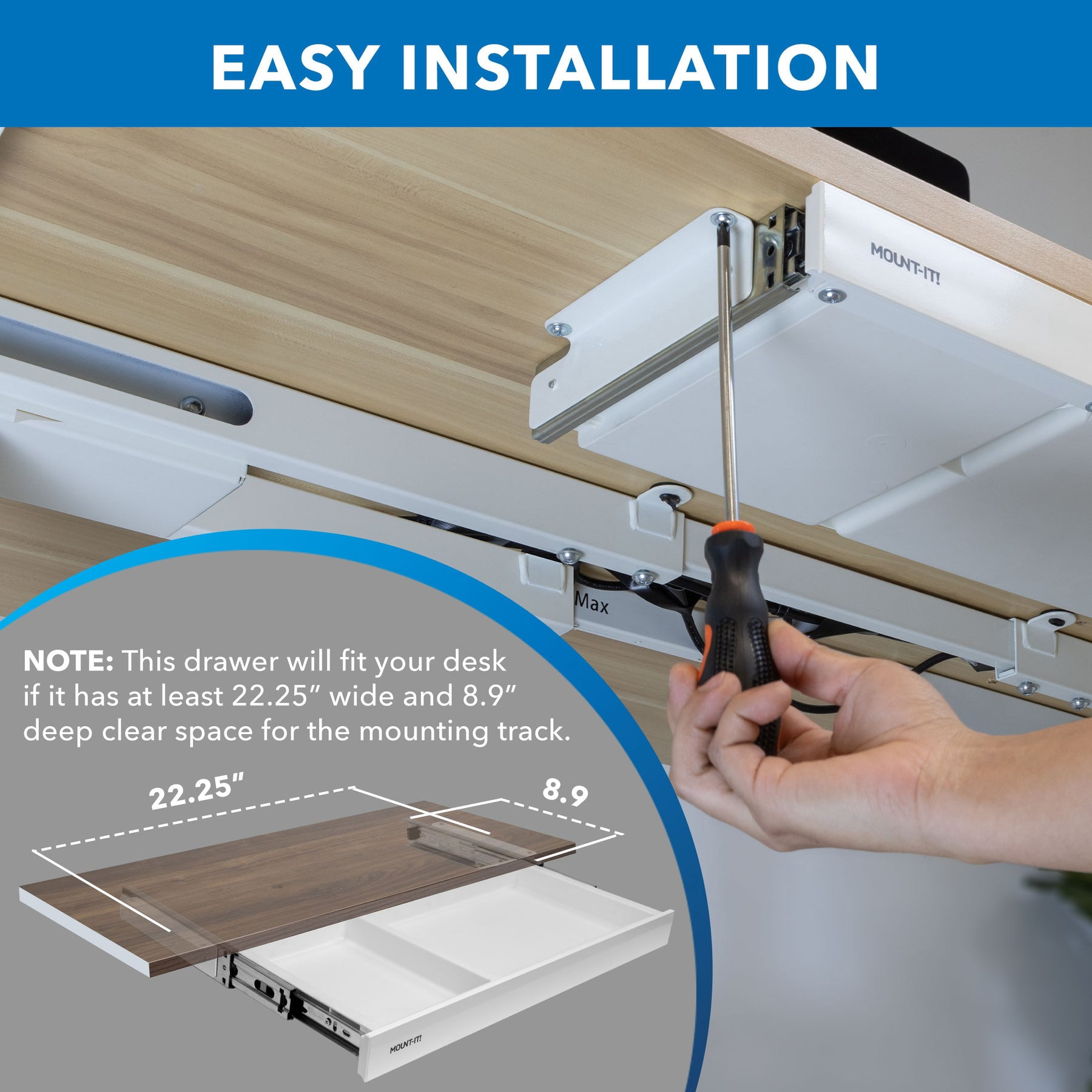 Mount-It! Under Desk Drawer - Shallow, Securely beneath your tabletop for seamless storage expansion, White