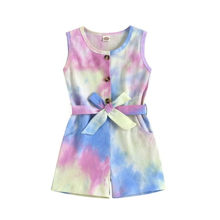 

Little Girl Onesies Tie Dyed Sleeveless Baby Romper Girls Jumpsuit Print Summer With Belt Kids Girls Romper Jumpsuit