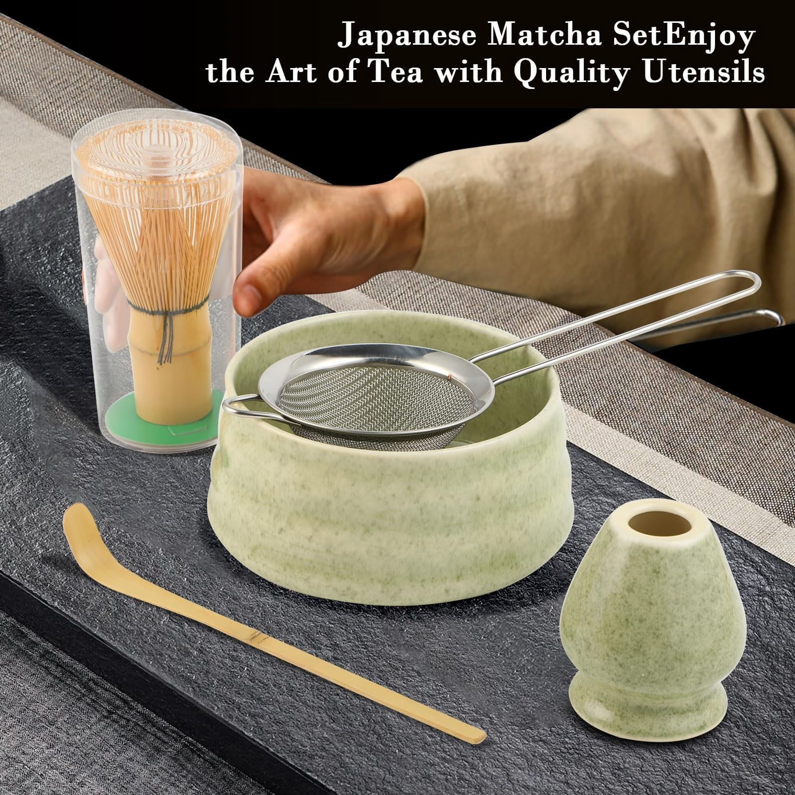 Matcha Tea Set 5 Pieces Clearance! Matcha Tea Set with Whisk Ceramic Bowl & Holder – Matcha Making Kit for Traditional Japanese Tea – Ideal Matcha Set for Beginners And