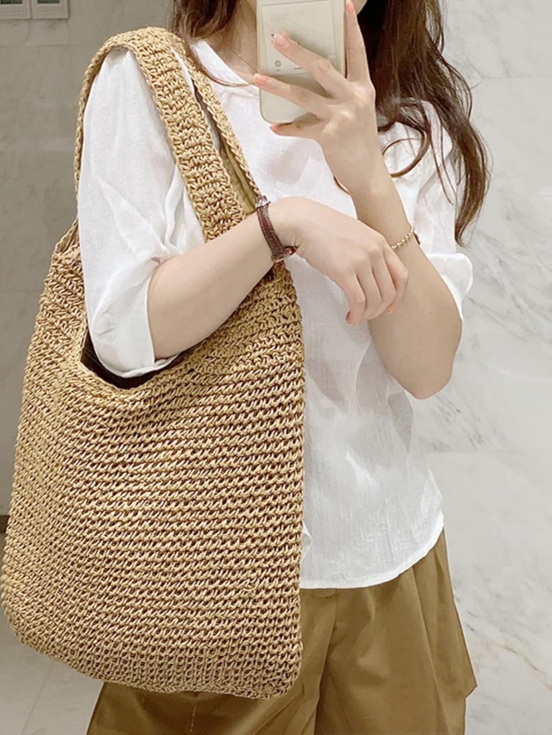 Women's Crochet Straw Bag Knit Tote Bag Shoulder Handbags Shopping Bags