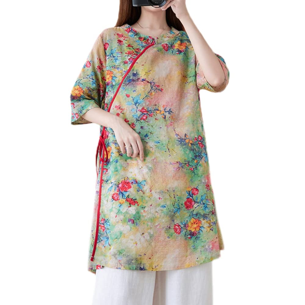 YM YOUMU Women Floral Ethnic Shirt Dress Frog Button Cheongsam Qipao