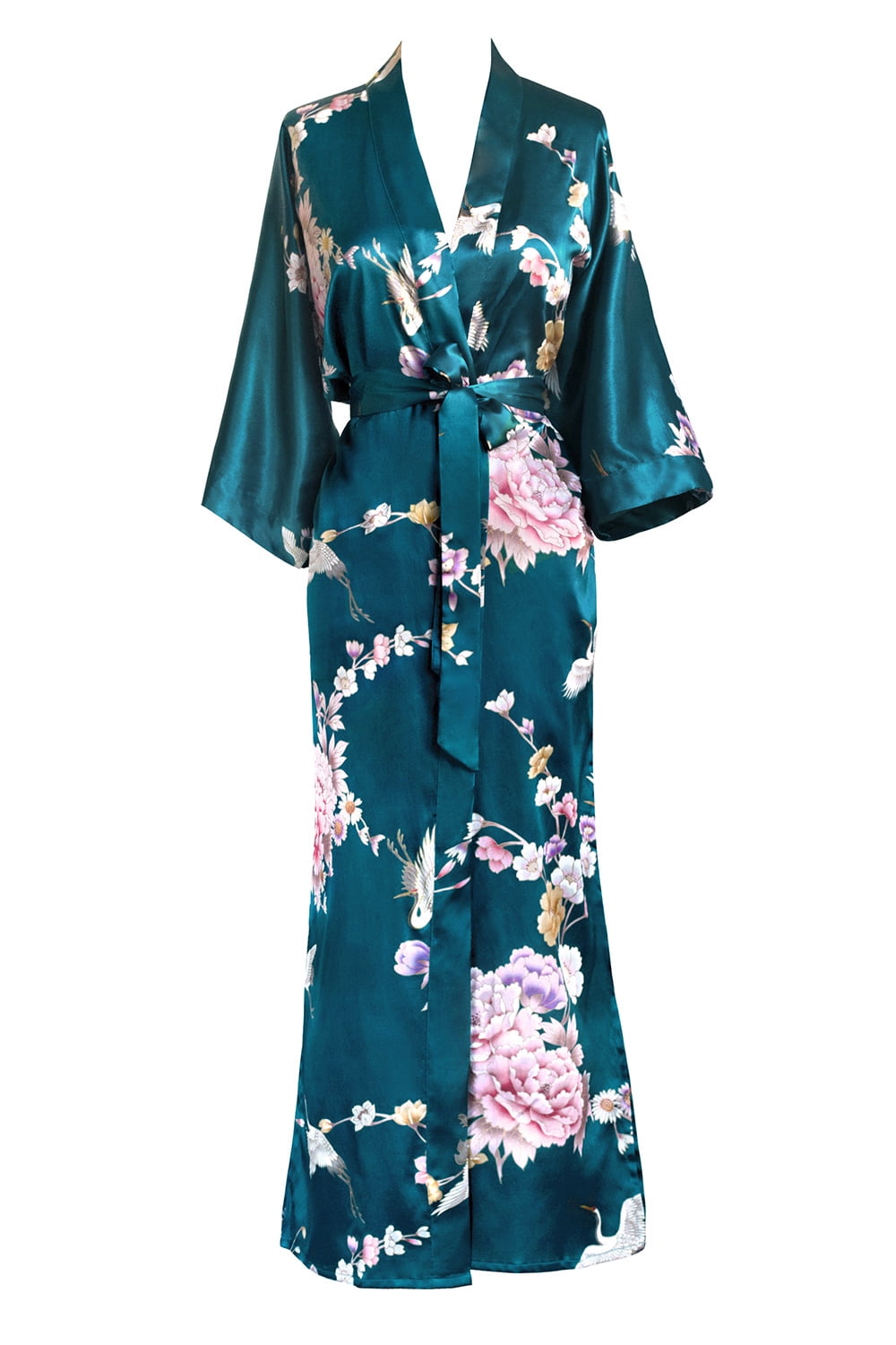 Yying Women Silk Satin Dressing Gown Long Kimono Peacock Blossoms Bride Bridesmaid Kimonos Nightwear Robes 
