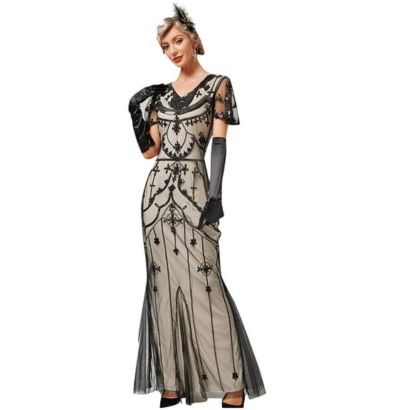 BLTIBY Womens Evening Dress Sequin V Neck High Waisted Mesh Short Sleeve Dresses Slim Formal Dress Beige L