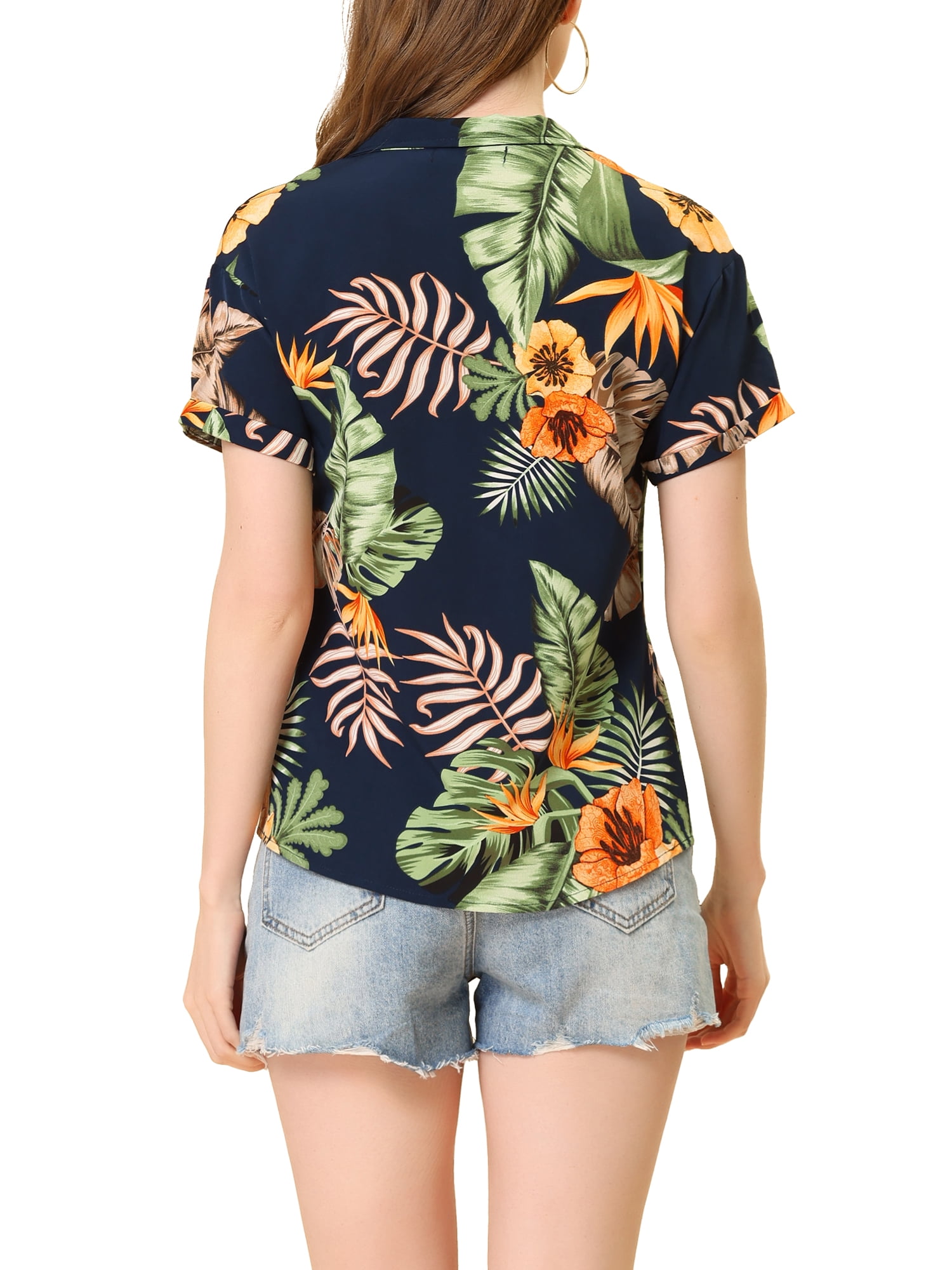 DARING DIVA Floral Leaves Print Short Sleeve Beach Top M Navy Blue